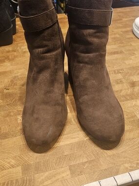 Women’s Brown Suede Ankle Boot with Strap Accent